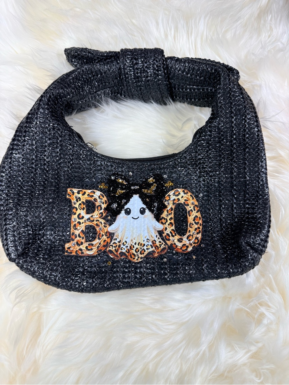 Black Woven Clutch with Leopard 'BOO' Accent